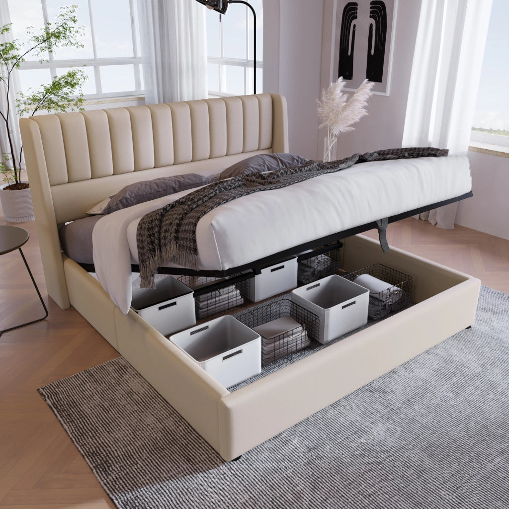Letto contenitore matrimoniale 140 × 200 cm con base idraulica e testiera imbottita, senza materasso, beige
