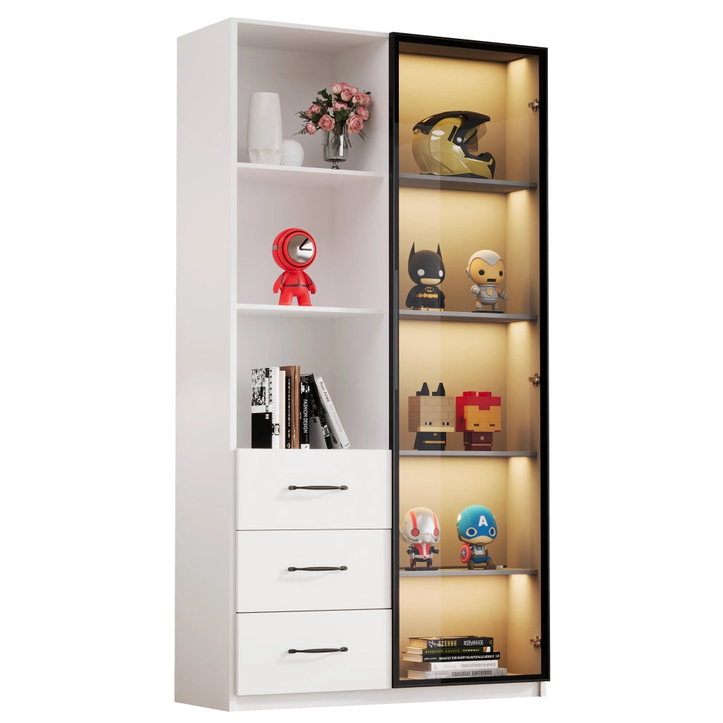 Vetrina LED con anta in vetro, 3 cassetti e 3 nicchie aperte per soggiorno, truciolare bianco, 80 × 40 × 160 cm