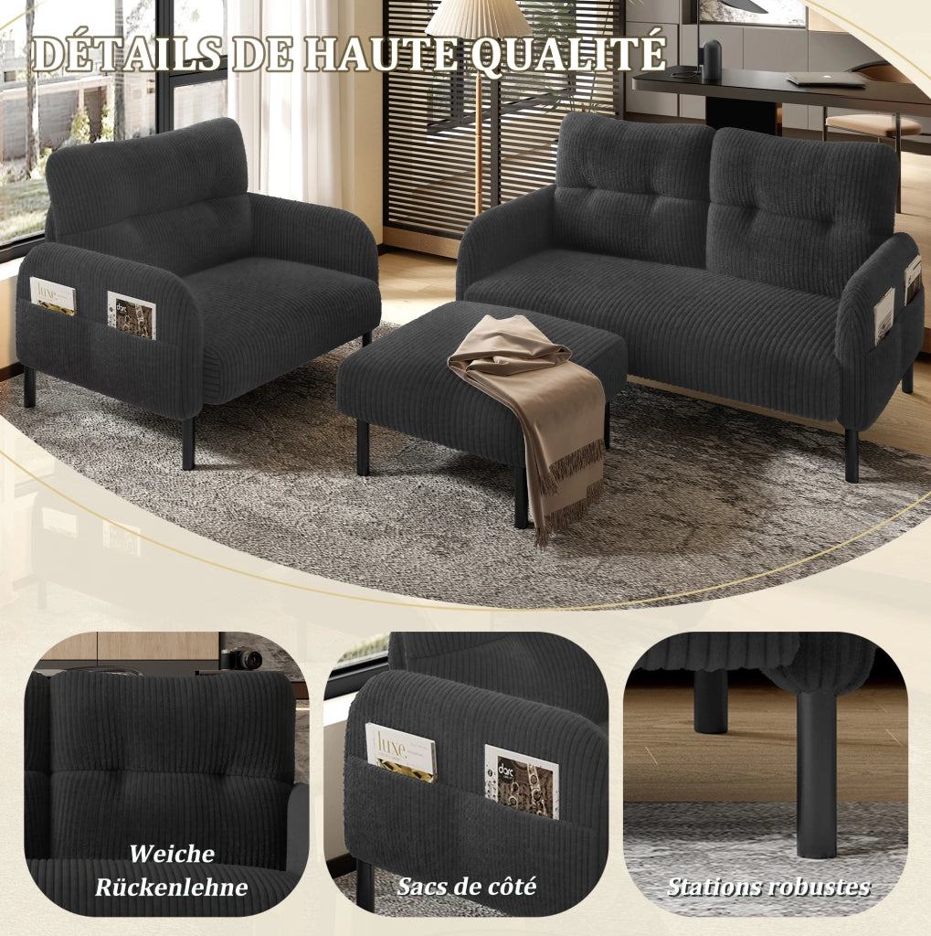 Set divano 2 posti; poltrona e pouf in velluto a coste; grigio