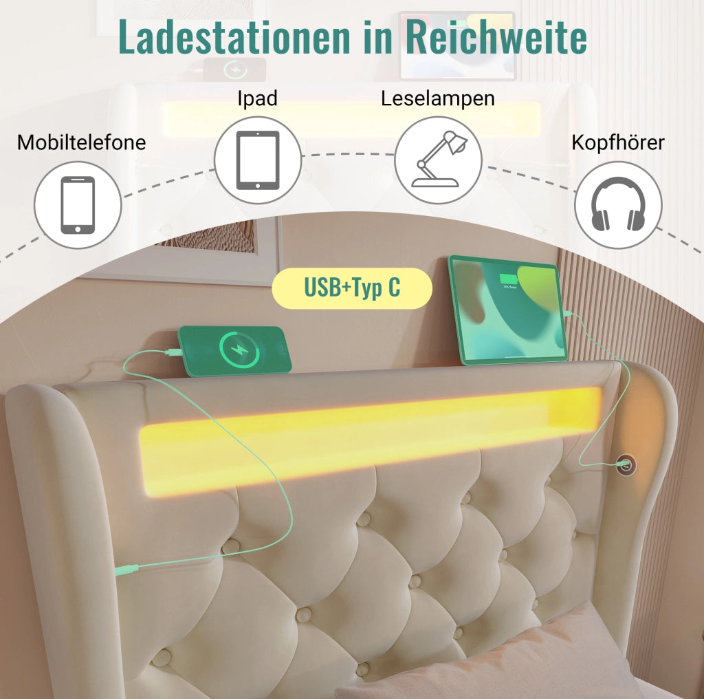 Letto imbottito contenitore 90 × 200 cm con LED; USB e Type-C; velluto beige