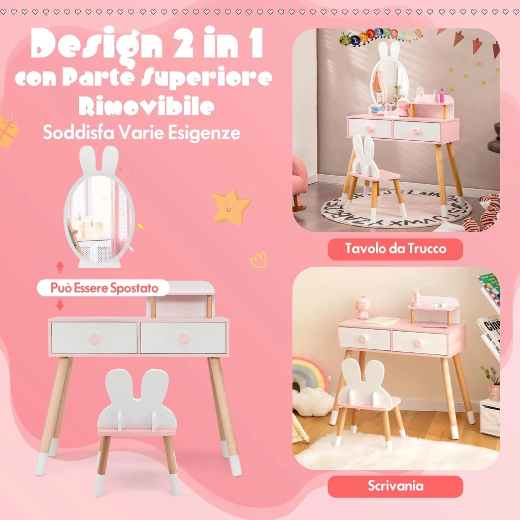 Toeletta Trucco 2 in 1 per Bambina a Forma di Coniglio, Bianco
Specchiera Staccabile per Ragazza in Legno con Sgabello, Ripiano e 2 Cassetti, Postazione Trucco, 78 x 37 x 110cm