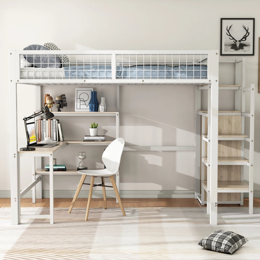 LETTO a soppalco 140x200 cm in MDF e metallo Bianco con scrivania e armadio
