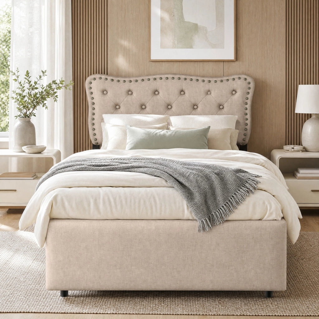 Letto singolo imbottito 90x200 cm in lino e MDF; beige scuro con 2 cassetti