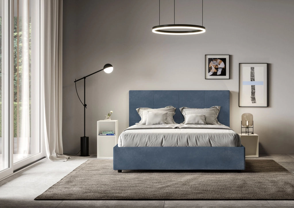 BS COM Letto queen size senza rete imbottito 150x190 microfibra blu