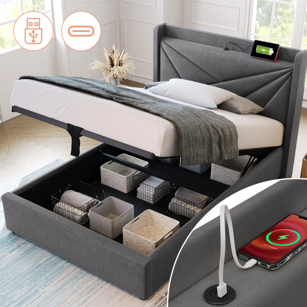 Letto singolo imbottito con contenitore 90x200 cm, USB e Type-C, grigio