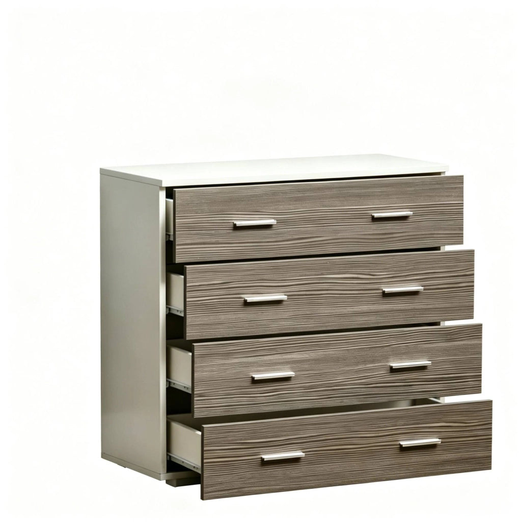 Cassettiera in truciolare bianco e grigio con 4 cassetti