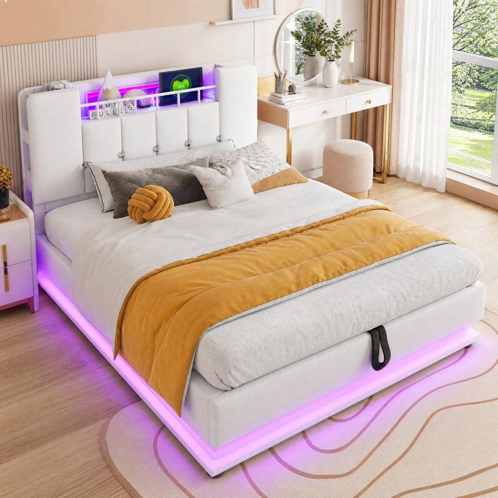 Letto imbottito per bambini 90x200 cm beige con LED, USB e vano contenitore