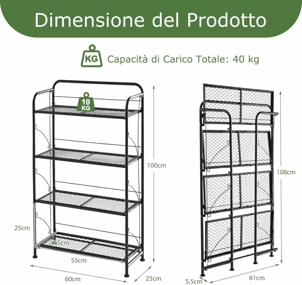 Porta Piante per Interni ed Esterni, Porta Vaso in Metallo Salvaspazio Pieghevole con Ripiano Regolabile, Piedini Regolabili e Struttura Robusta per Salotto, Cortile e Balcone