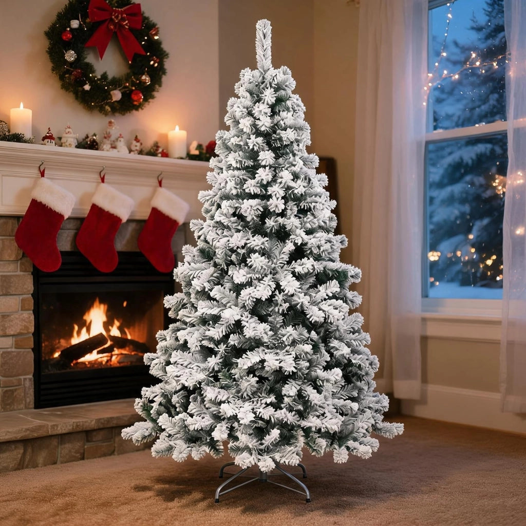 Albero di Natale Innevato 228cm con 1346 Rami Folti Senza Luci e Base Metallica Stabile