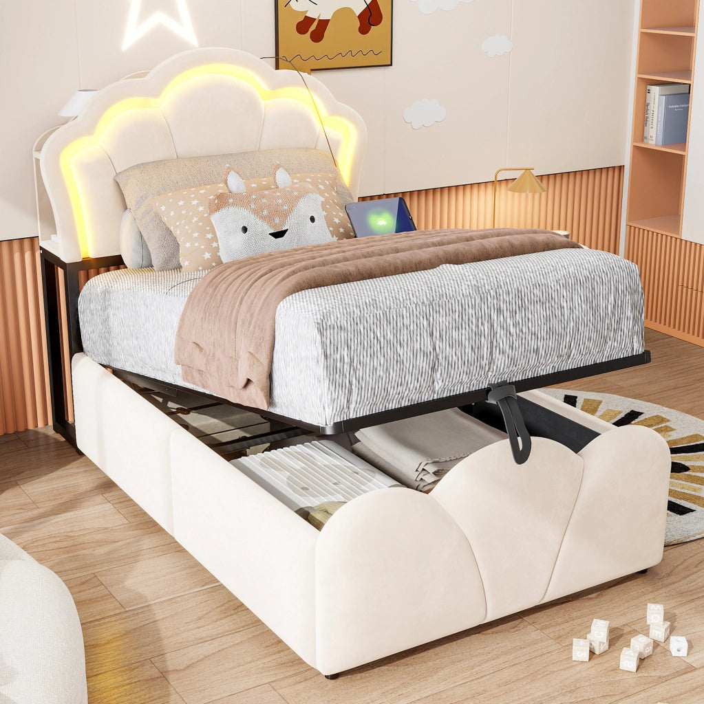 Letto imbottito 90x200 cm in velluto beige con contenitore idraulico, LED e prese integrate
