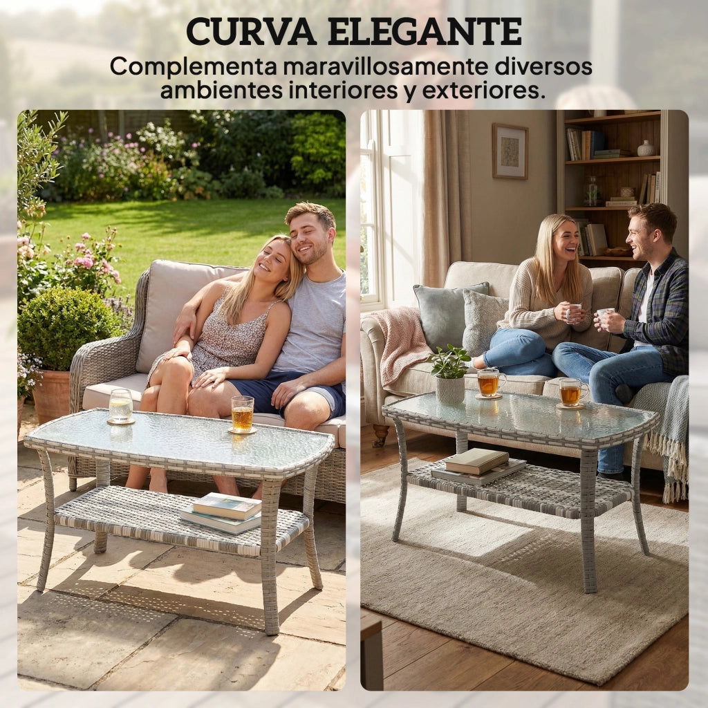 Tavolino da Giardino Rettangolare in Rattan con Ripiano ¨C Xylo ¨C Vetro Temperato Grigio Antracite 90x50x45cm