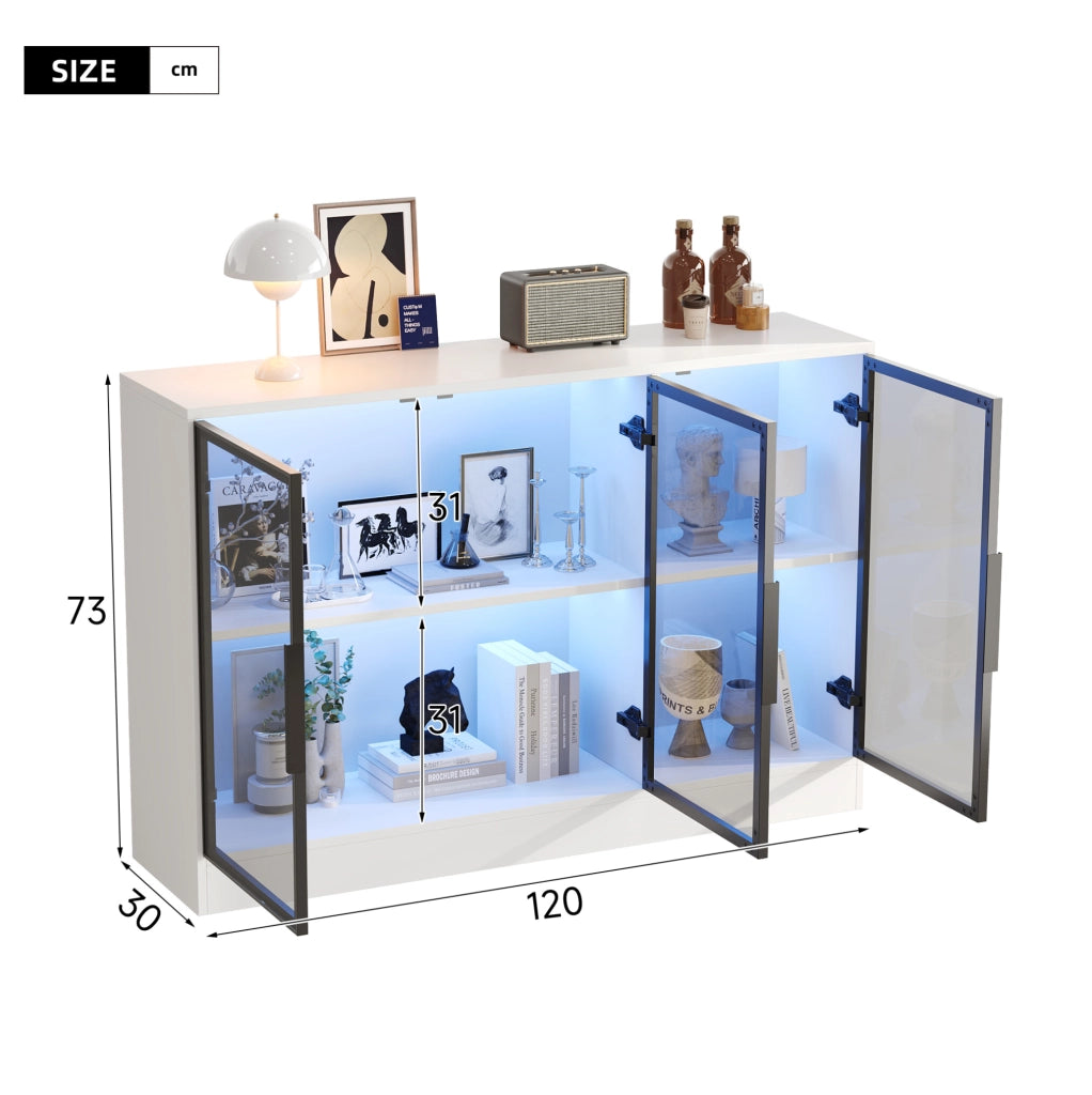 Vetrina in vetro grigia con LED, 120 x 30 x 73 cm, struttura bianca in truciolato, ante in vetro temperato, ideale per salotto, ufficio o sala da pranzo