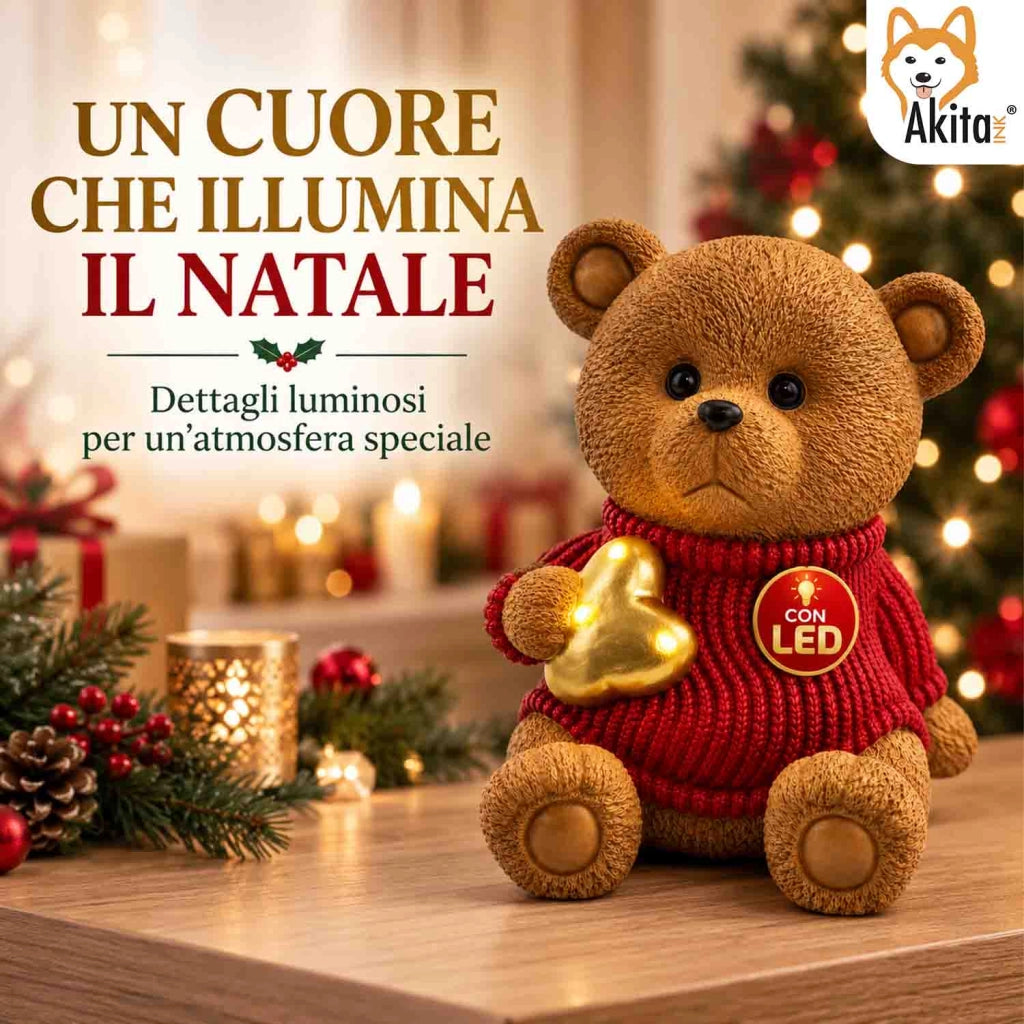 Akitaink Orsetto Natalizio con Cuore in Resina con LED 24x29 cm
