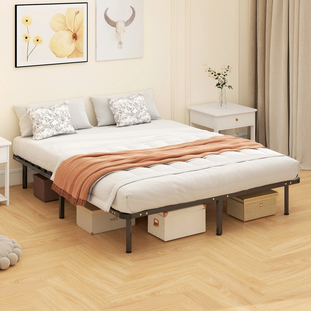 Rete Fissa Letto Matrimoniale 190x160x31 cm a 28 Doghe con Spazio Sottostante in Legno e Acciaio Nero e Legno