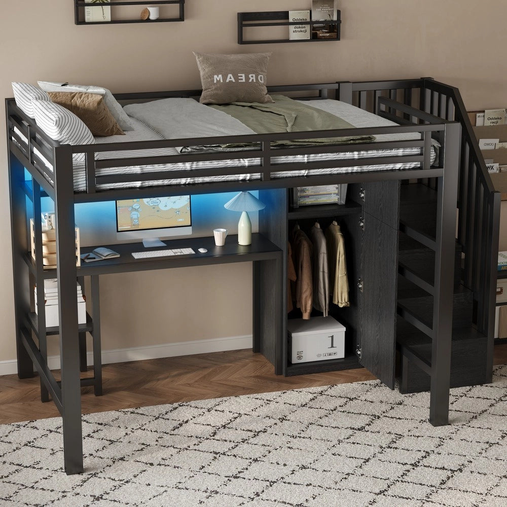 Letto a Soppalco con Scrivania, Libreria e Armadio ¨C MINIMAL ¨C Metallo Nero 140x200