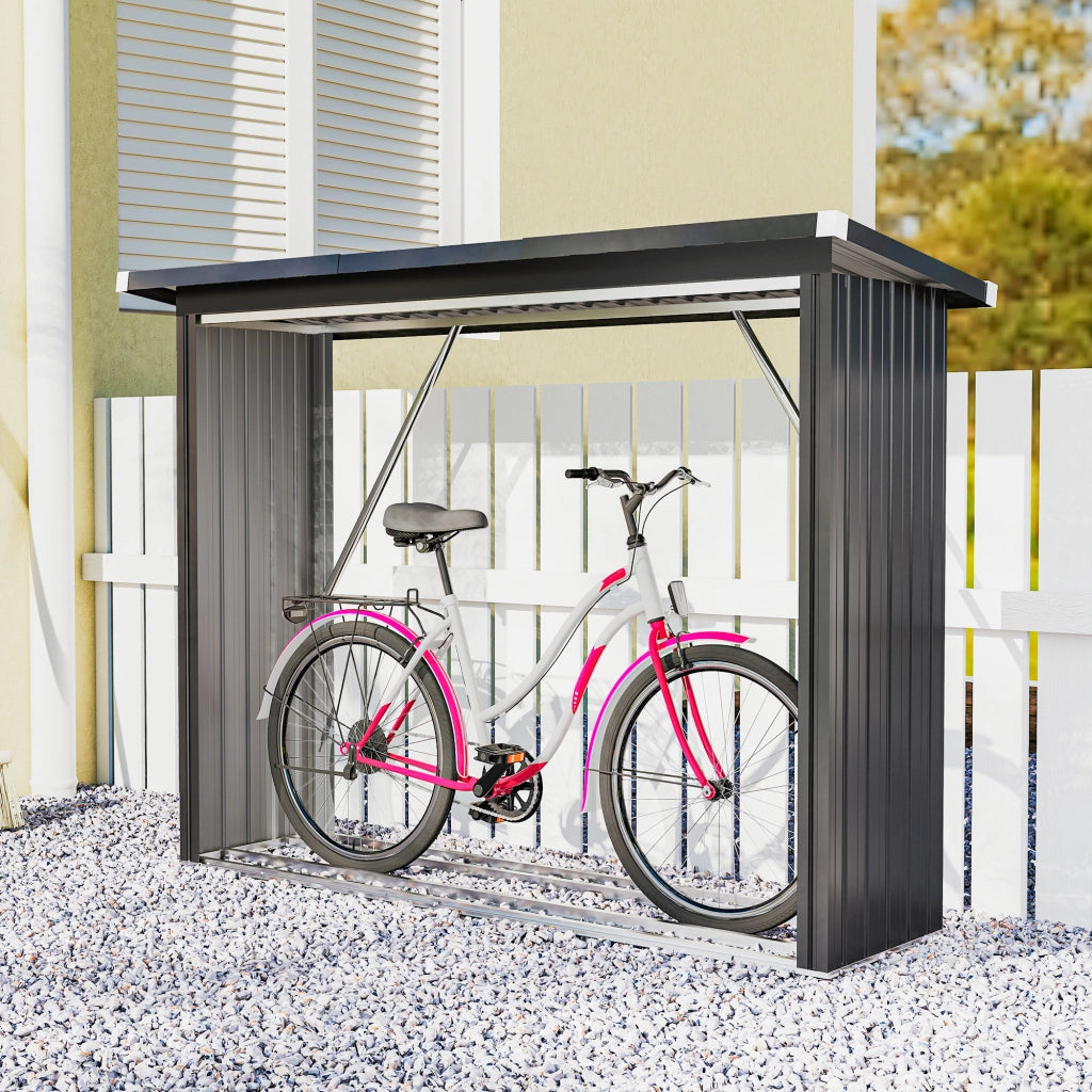 Capanno Portalegna Legnaia da Esterno 213x66.5x150 cm Base Rialzata e Tetto Inclinato in Acciaio Grigio Scuro