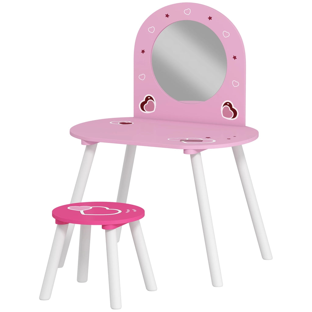 Set Toeletta Trucco Bambina 3-6 Anni 60x43,5x83 cm con Sgabello Specchio Infrangibile Design con Cuori in MDF Rosa