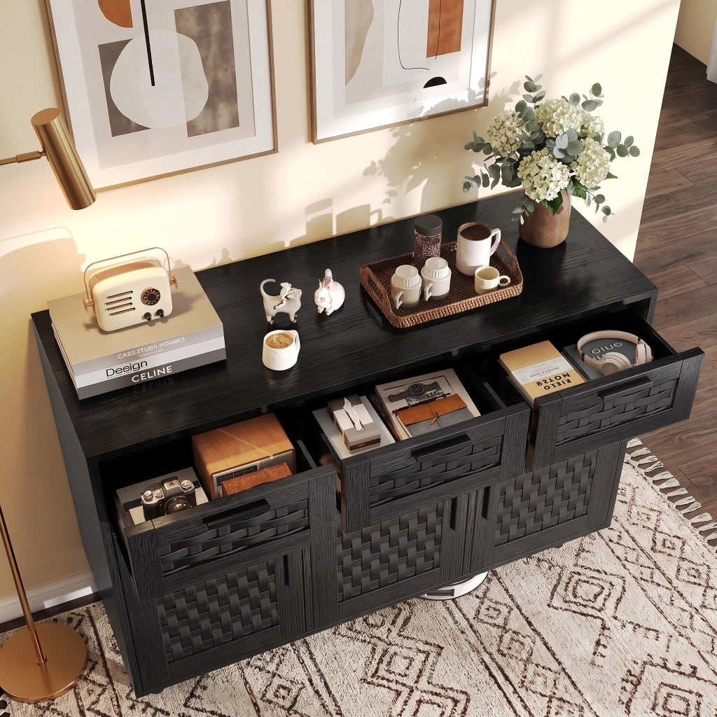 Cassettiera cucina 108x40x80 cm con 3 cassetti 3 ante mobiletto soggiorno con piano in legno e rattan - nero