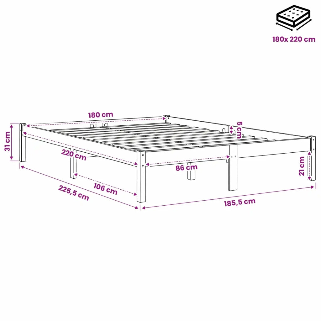 Letto Extra Lungo senza Materasso Bianco 180x220 cm in Pino 852425