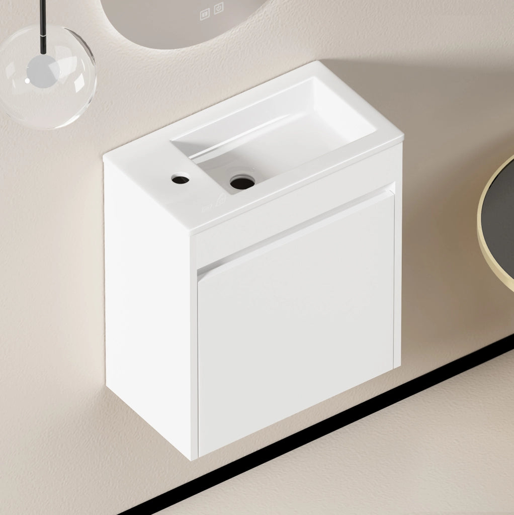Mobile bagno bianco 46 cm con porta a chiusura soft e ampio spazio di stoccaggio