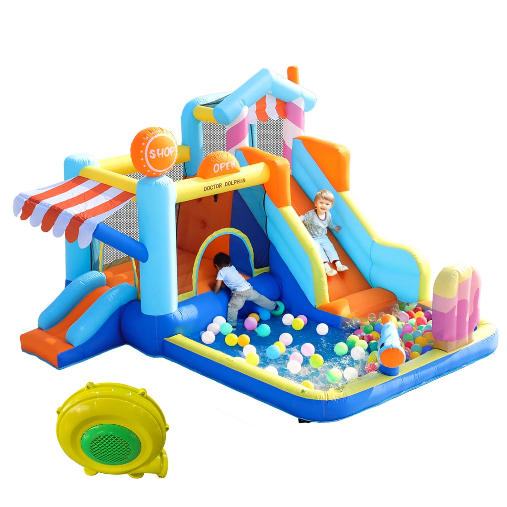 Castello Gonfiabile per Bambini con Ventilatore 450W, Parco Acquatico Multifunzione Esterno con Trampolino, Scivolo d'Acqua, Mini Scivolo, Fontana e Pistole ad Acqua