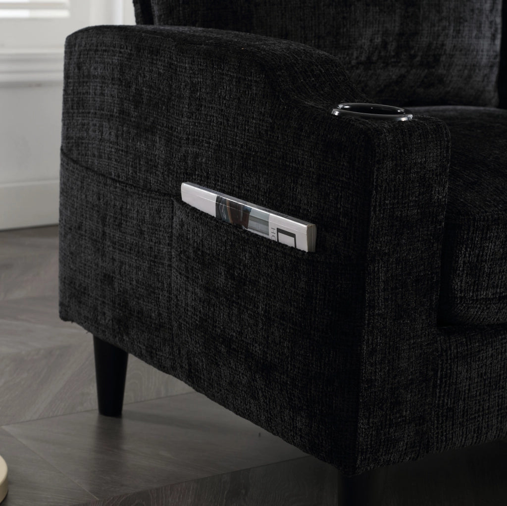 Divano 4 posti con pouf contenitore; portabicchieri e tasche laterali; chenille nero