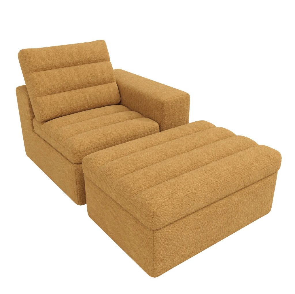Divano angolare modulare a L in chenille arancione con pouf, 253x161x89 cm