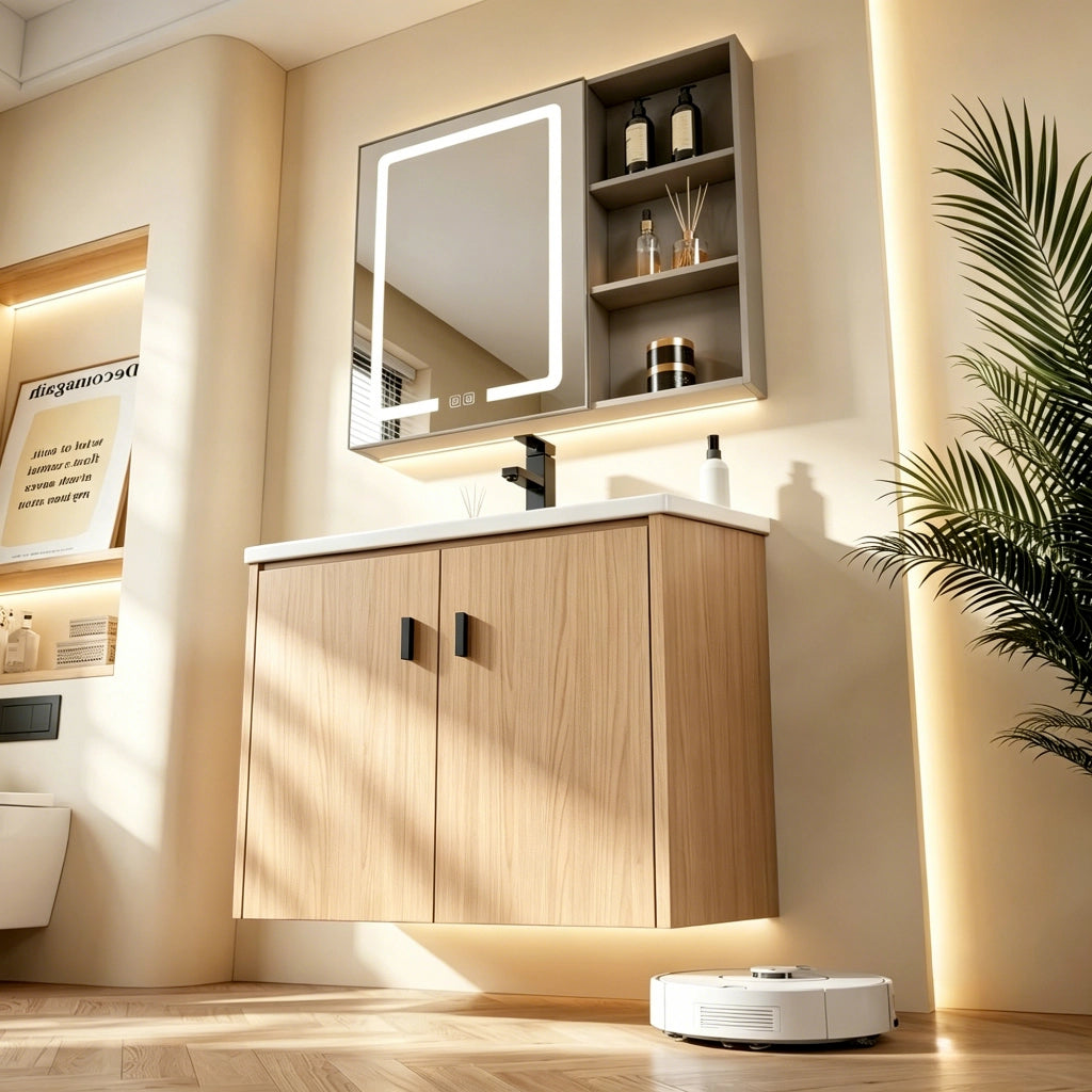 Set mobile bagno sospeso con lavabo e specchio LED ovale