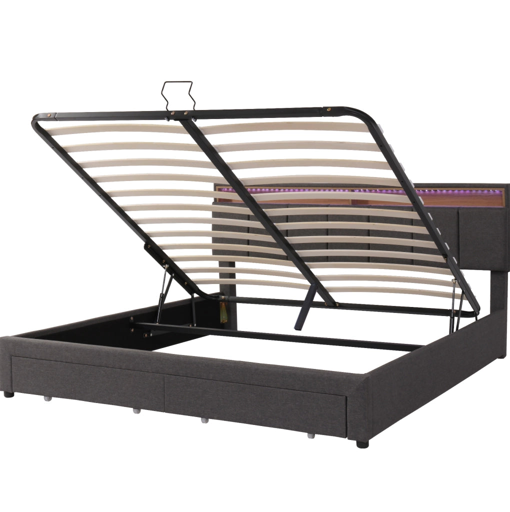 Letto imbottito 160 × 200 cm con LED regolabile e rete a doghe; grigio scuro