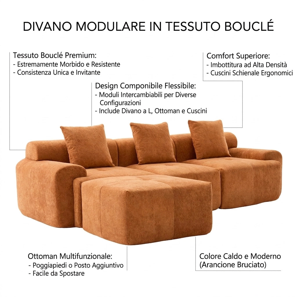 Divano angolare arancione modulare 3 posti in tessuto; 268x102x78 cm
