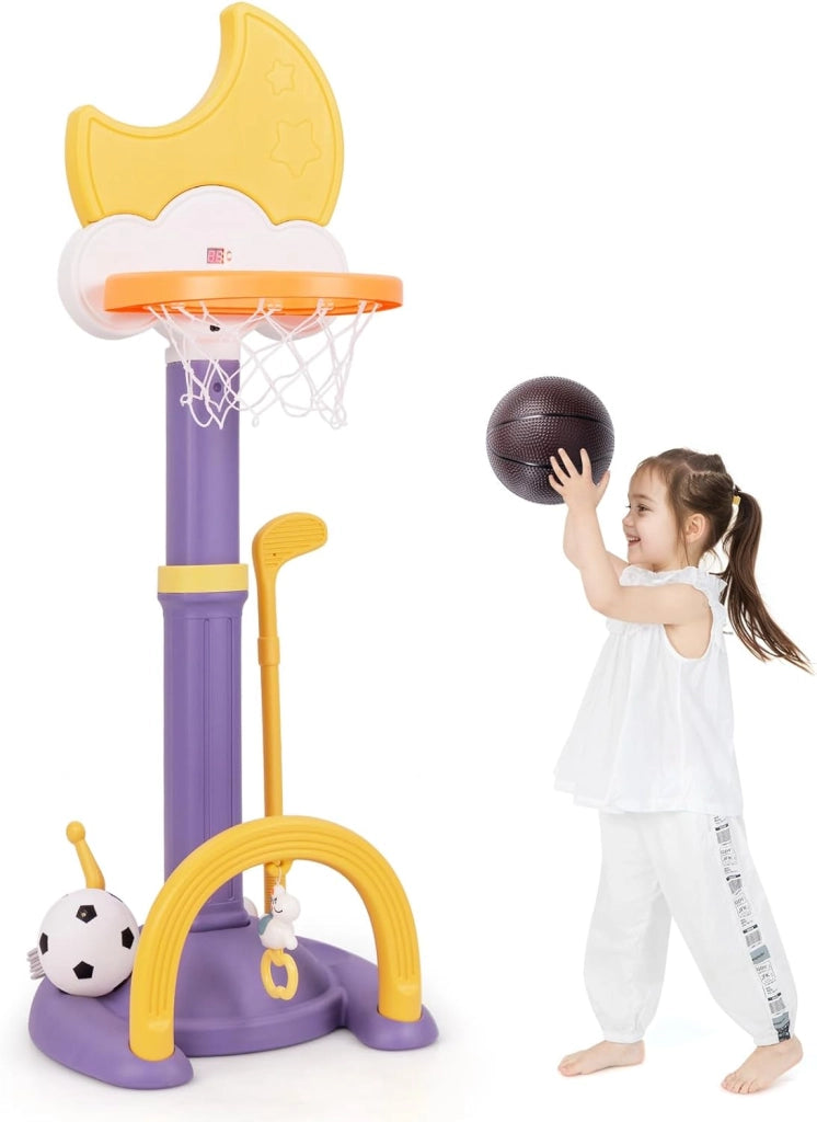 4 in 1 Canestro da Basket per Bambini, Centro di Attività Sportiva Regolabile con Basket Calcio Golf e Gioco del Lancio dell'Anello, per Interno ed Esterno, 3 Anni+ (Giallo)