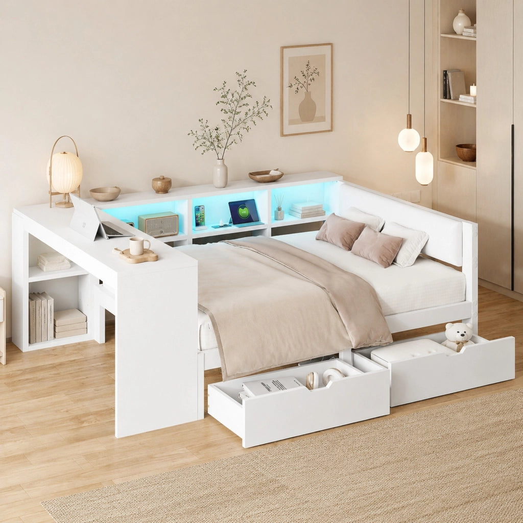 Letto piattaforma 140x200 cm con LED, USB e cassetti bianco