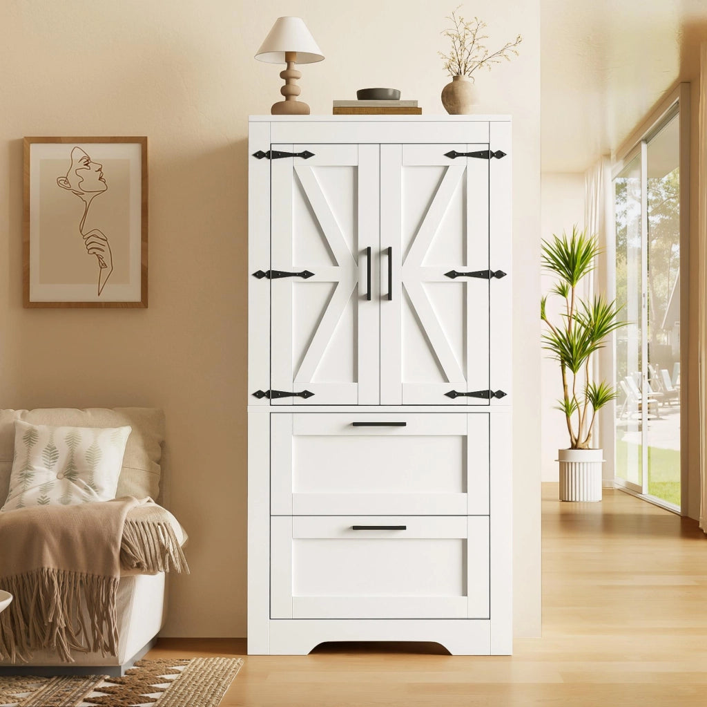 Credenza alta con 2 cassetti e ripiani regolabili in MDF bianca