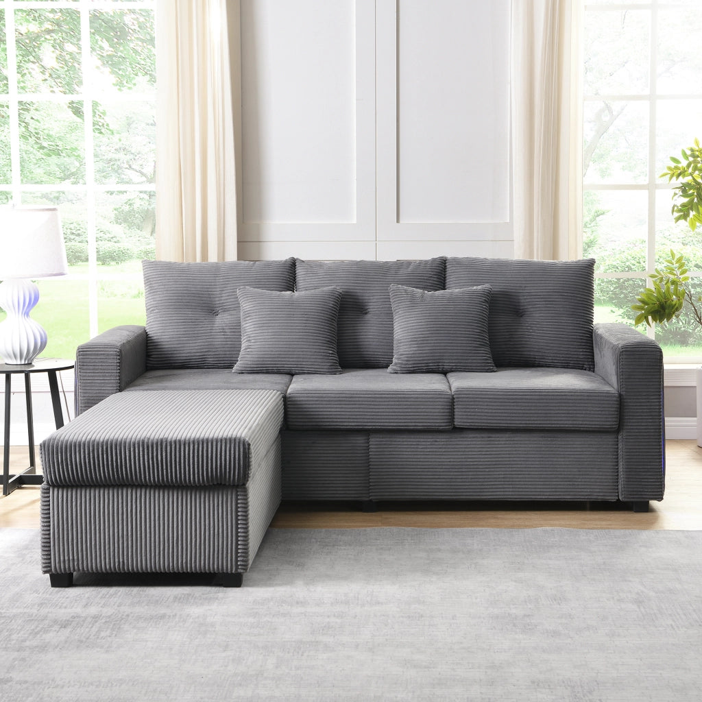 Divano 3 posti con pouf e 5 cuscini; divano angolare a L con luci LED; velluto a coste; grigio antico; 184 cm
