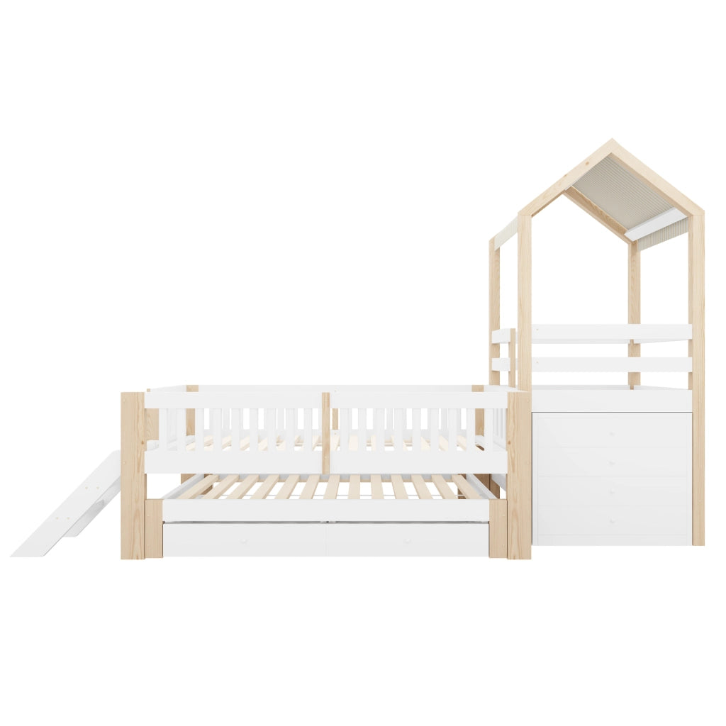 Casetta a castello bambini in legno massello 90 x 200 cm con letto estraibile 90 x 190, scala a 4 cassetti e tetto in tessuto, bianco e legno naturale