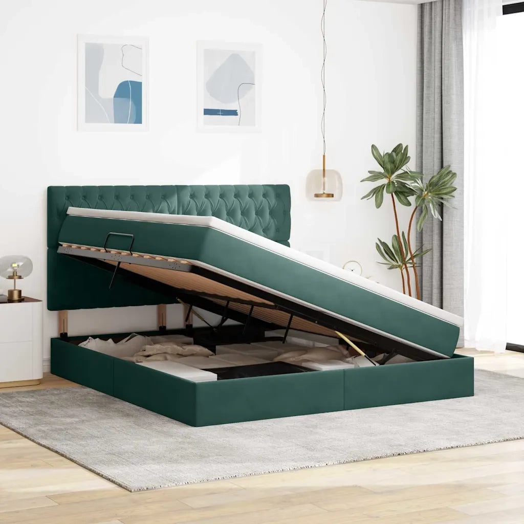 Letto con contenitore e LED Verde Scuro 160 x 200 cm Velluto