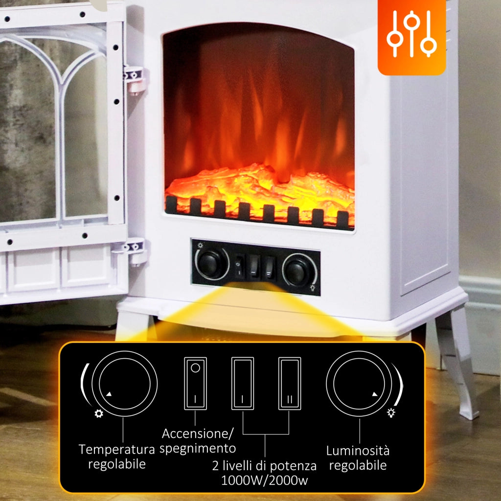 Camino da Terra Elettrico Potenza 1000W / 2000W con Effetto Fiamma Regolabile, 39x23x56.5cm, Bianco