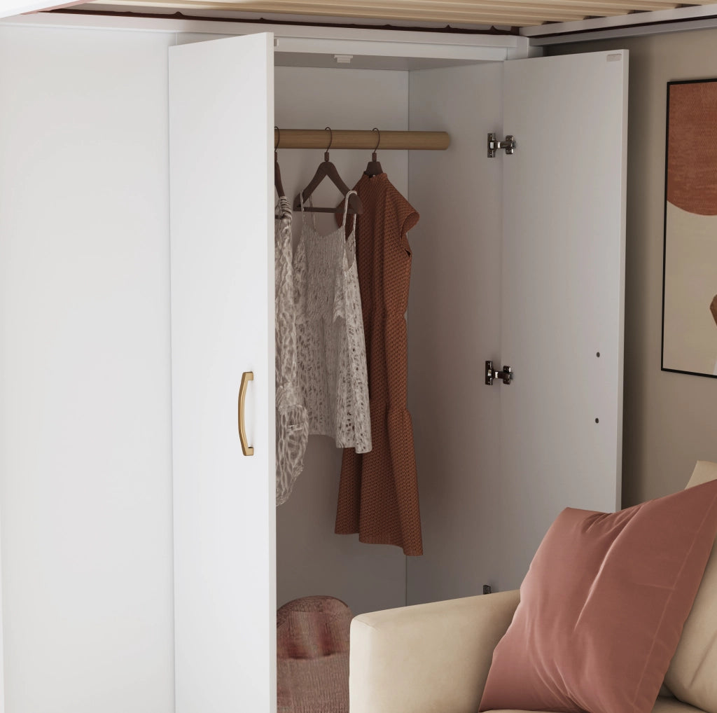 Letto a soppalco 90x200 cm con guardaroba; ripiani e scala con cassetti