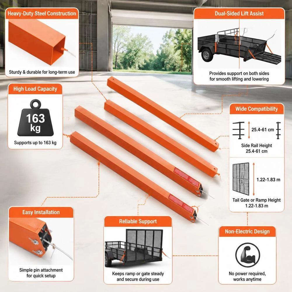 2-sided Trailer Tailgate Lift Assist 163 Kg, Compatible With Open Trailer Tailgate And Ramp, With 25.4 To 61 Cm Side Rails And 1.22 To 1.83 M Tailgates Or Ramps