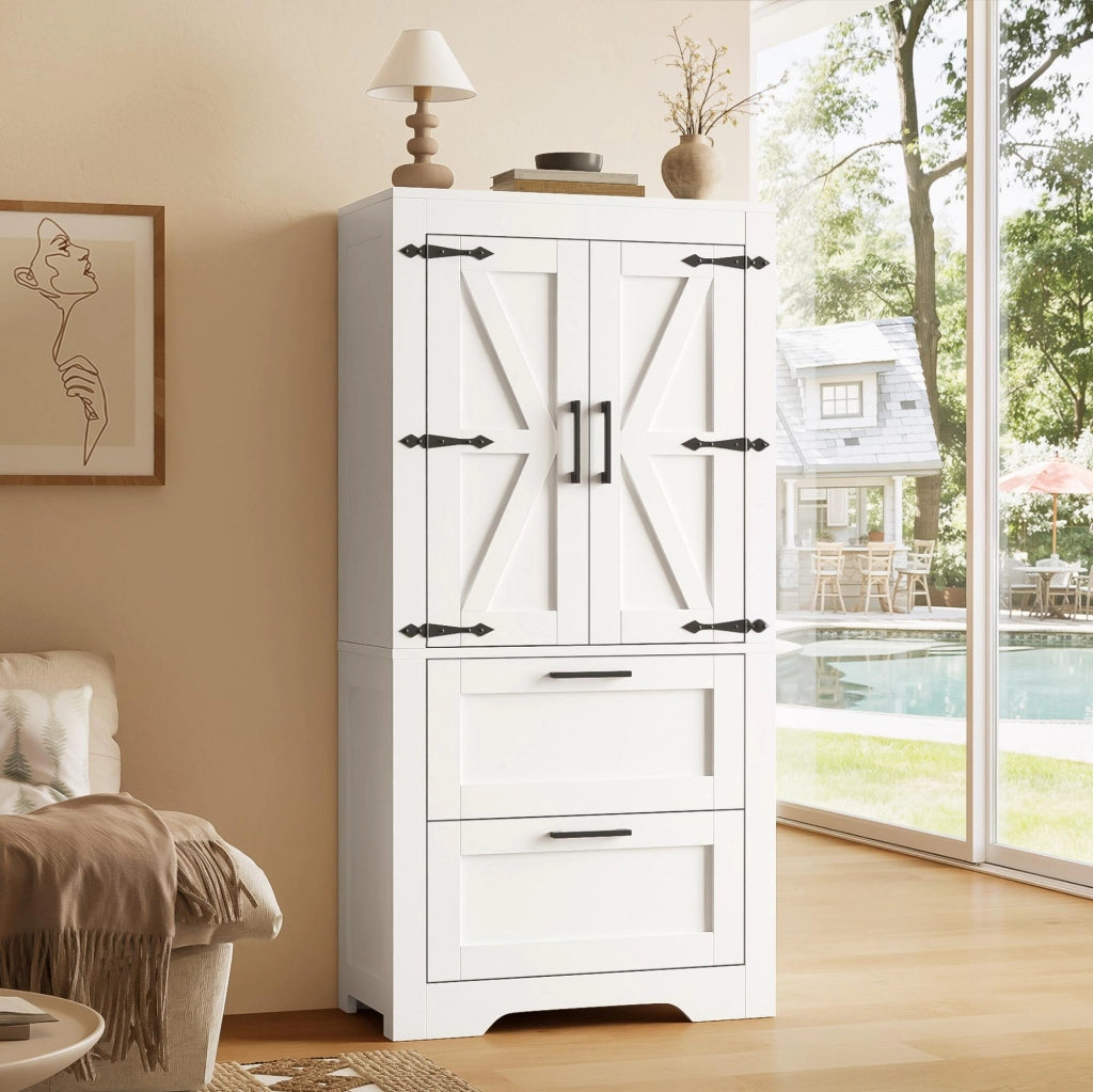 Credenza alta con 2 cassetti e ripiani regolabili in MDF bianca