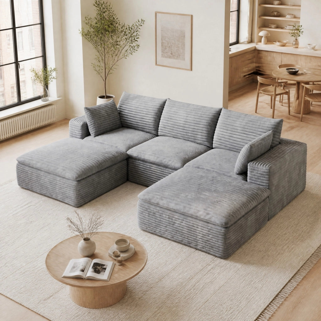 Divano modulare in tessuto grigio con supporto interamente in schiuma e moduli regolabili consegnato in 3 colli