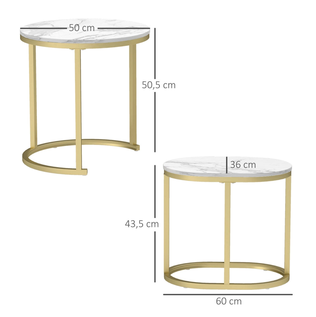 Set di 2 Tavolini da Caffè， Rotondo Ø50 x 50，5 cm e Ovale 60 x 36 x 43，5 cm， in MDF Bianco， con Struttura Impilabile