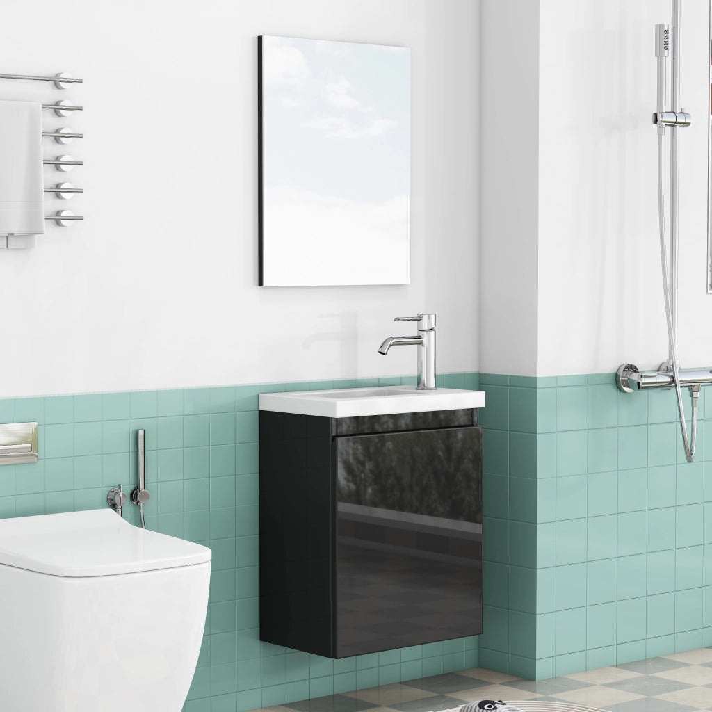 Mobile bagno sospeso nero con lavabo in ceramica e specchio