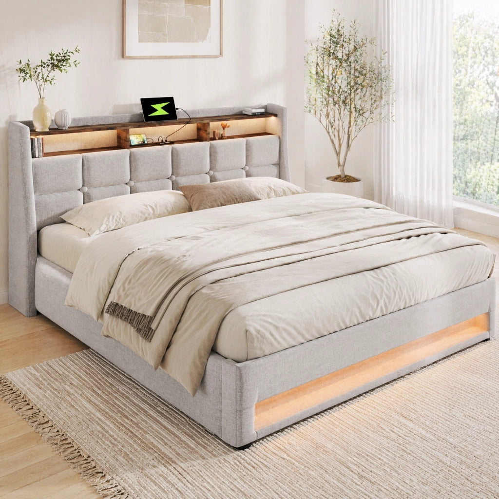 Letto imbottito 160x200 cm beige con LED, USB e vano contenitore