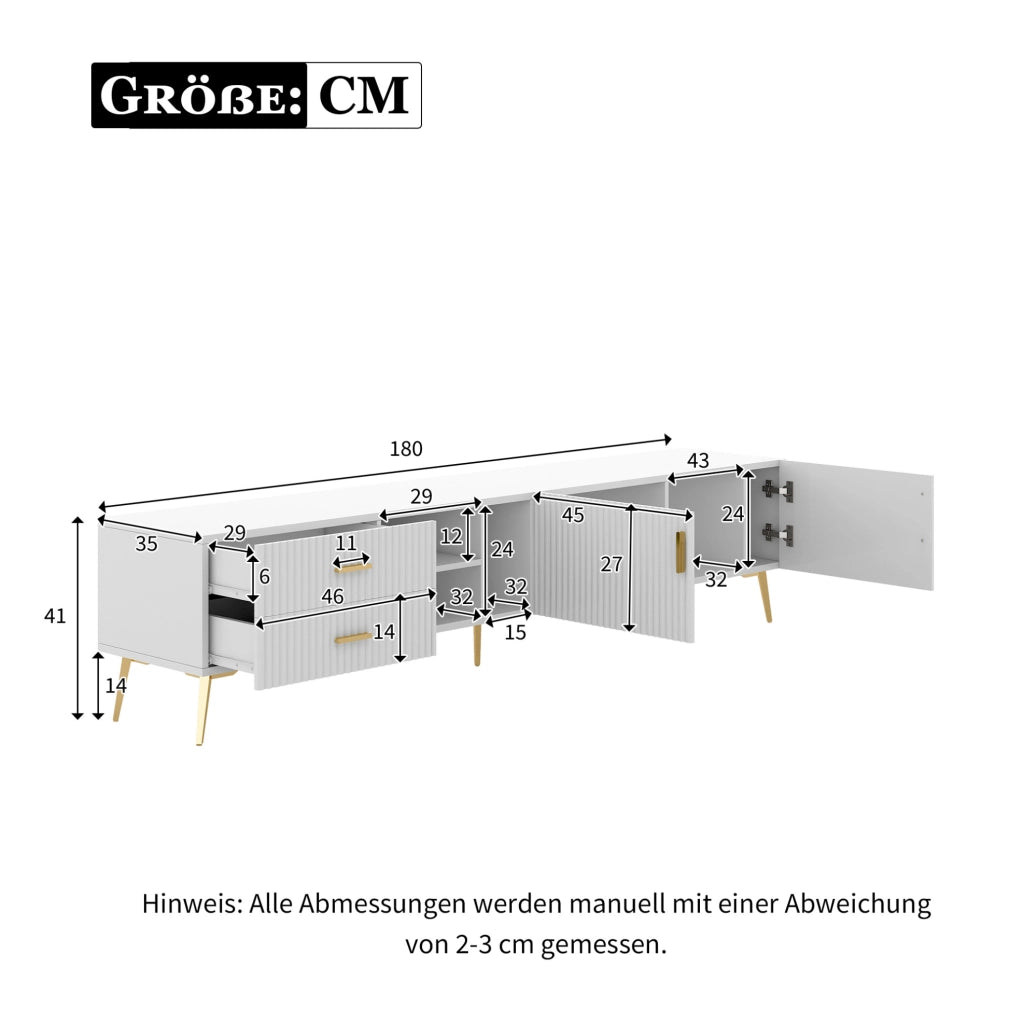 Mobile TV bianco in MDF 180 cm, 2 cassetti e 2 ante