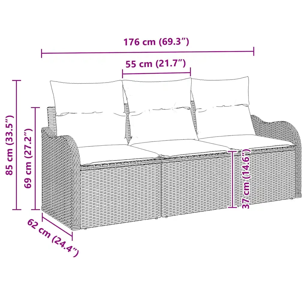 Set Divano da Giardino con cuscino 3 pcs Nero polyrattan 3345557