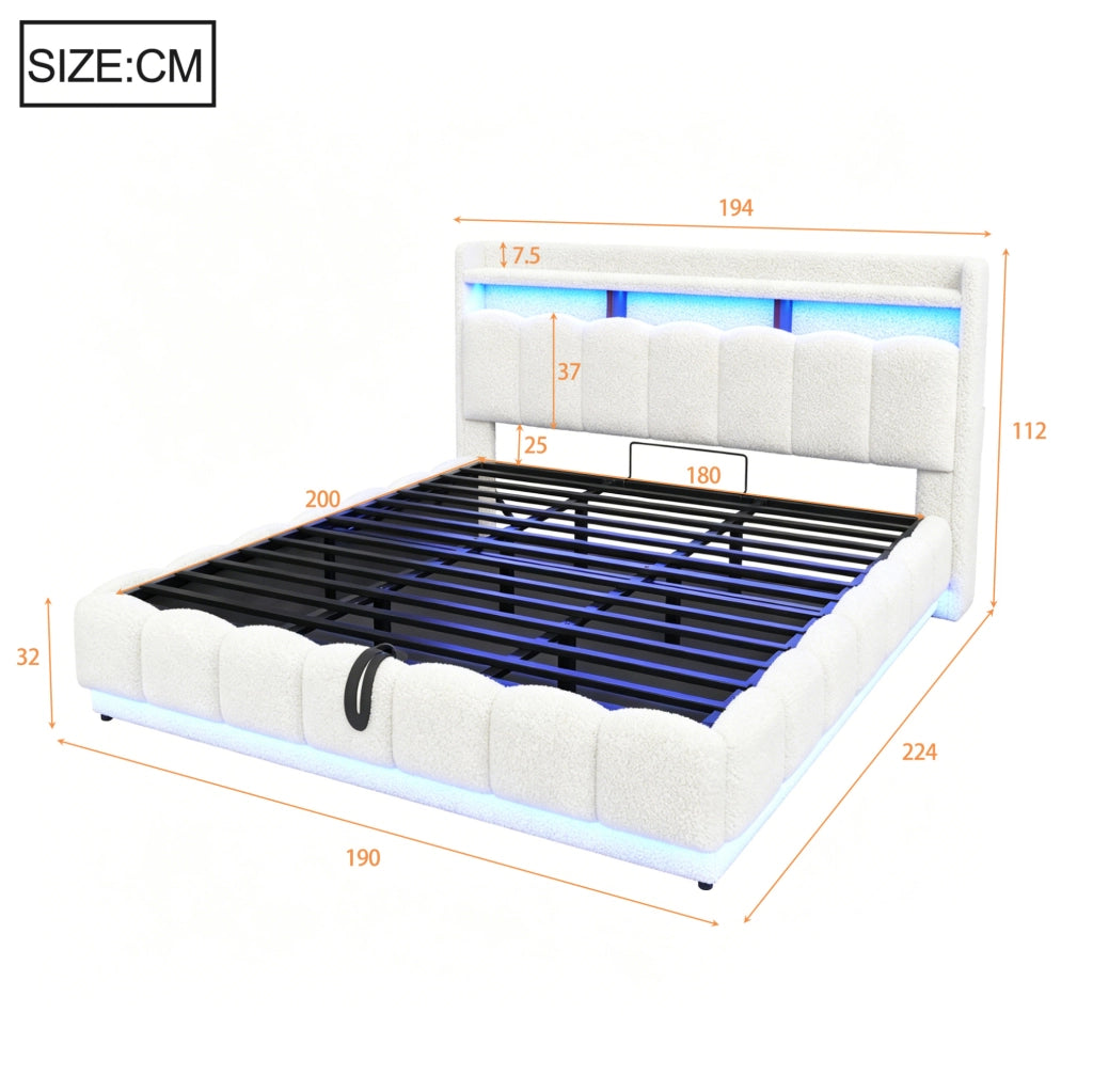 Letto imbottito 180x200 cm con contenitore idraulico, rivestimento in lana d'agnello bianco, luci LED integrate e porte USB, struttura in metallo