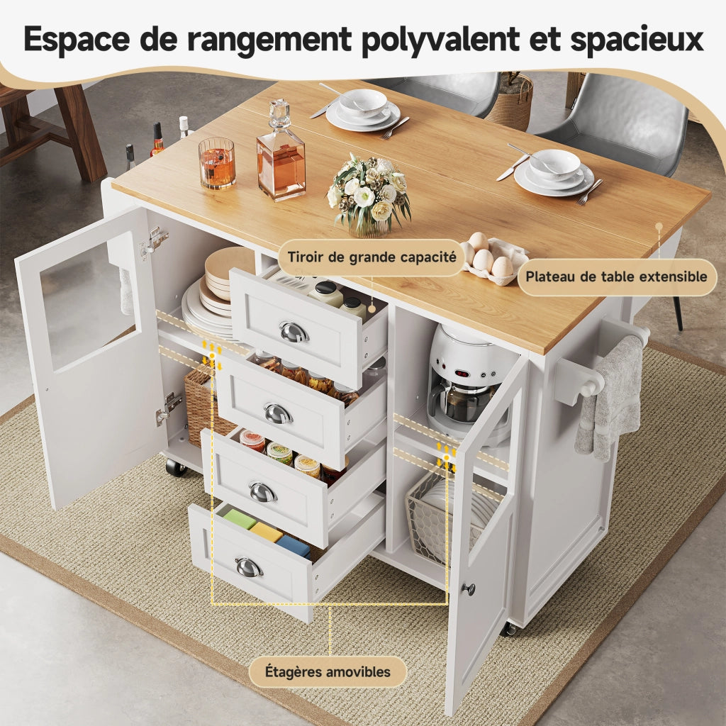 Mobile base da cucina con piano pieghevole quattro cassetti doppia anta ripiani laterali e ruote