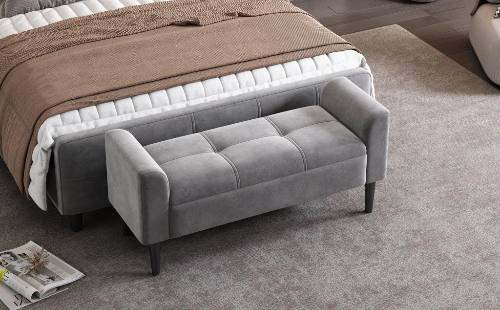 Panca Imbottita Velluto ¨C Minimal ¨C Grigio, MDF, per Camera da Letto/Sala da Pranzo