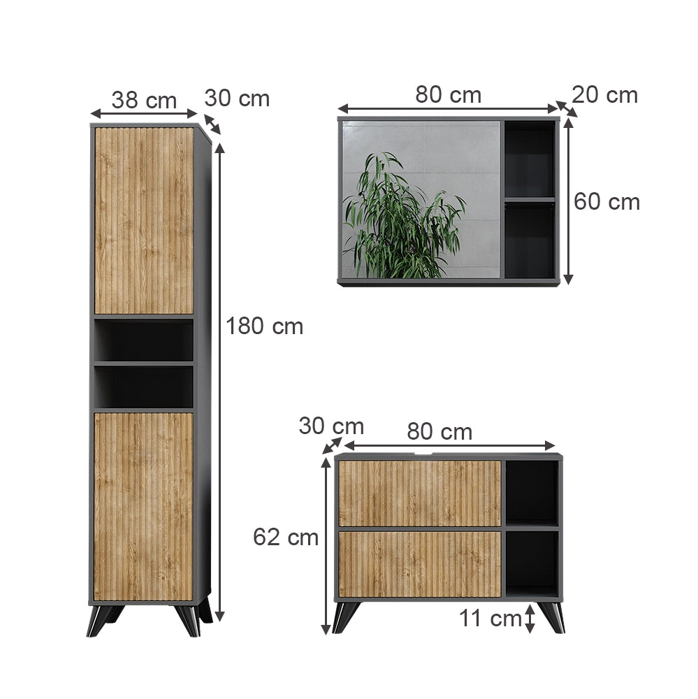 Vicco Set di mobili da bagno Antracite/quercia di montagna 80 cm, set 3